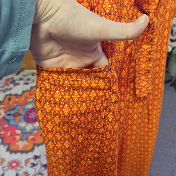 Orange Ankle-Length Pants with Geometric Pattern - Picture 2 of 5